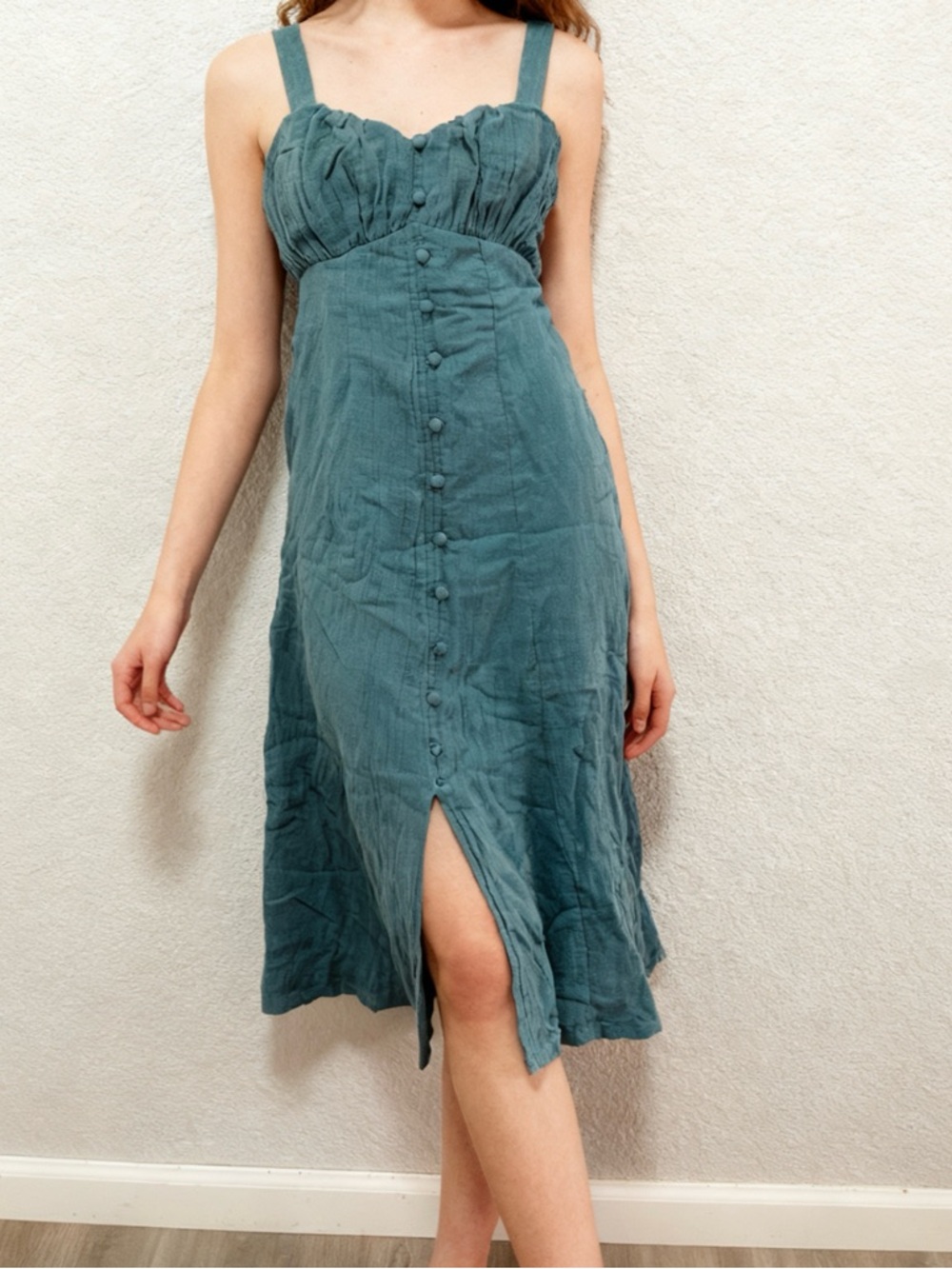 Sleeveless Teal Midi Dress with Front Buttons and Slit